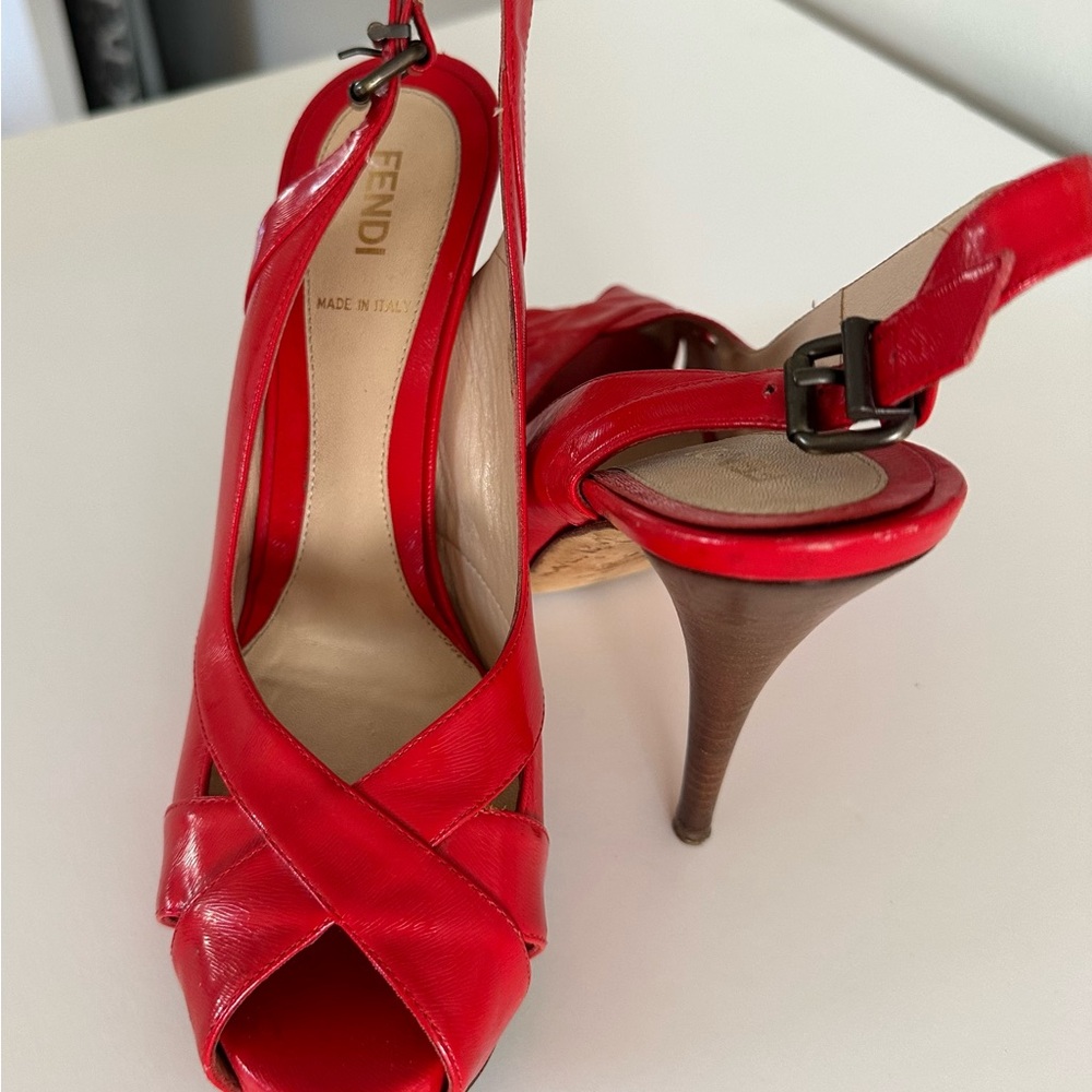 Fendi red leather open toe high hill sandals